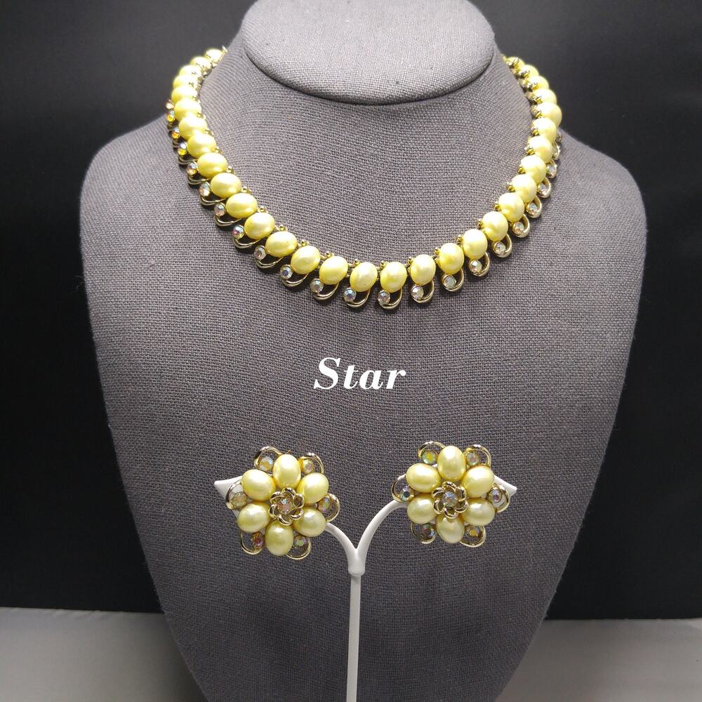 Star Faux Pearl Choker Necklace Earrings Set, Mid-Century 1950s Vintage Jewelry